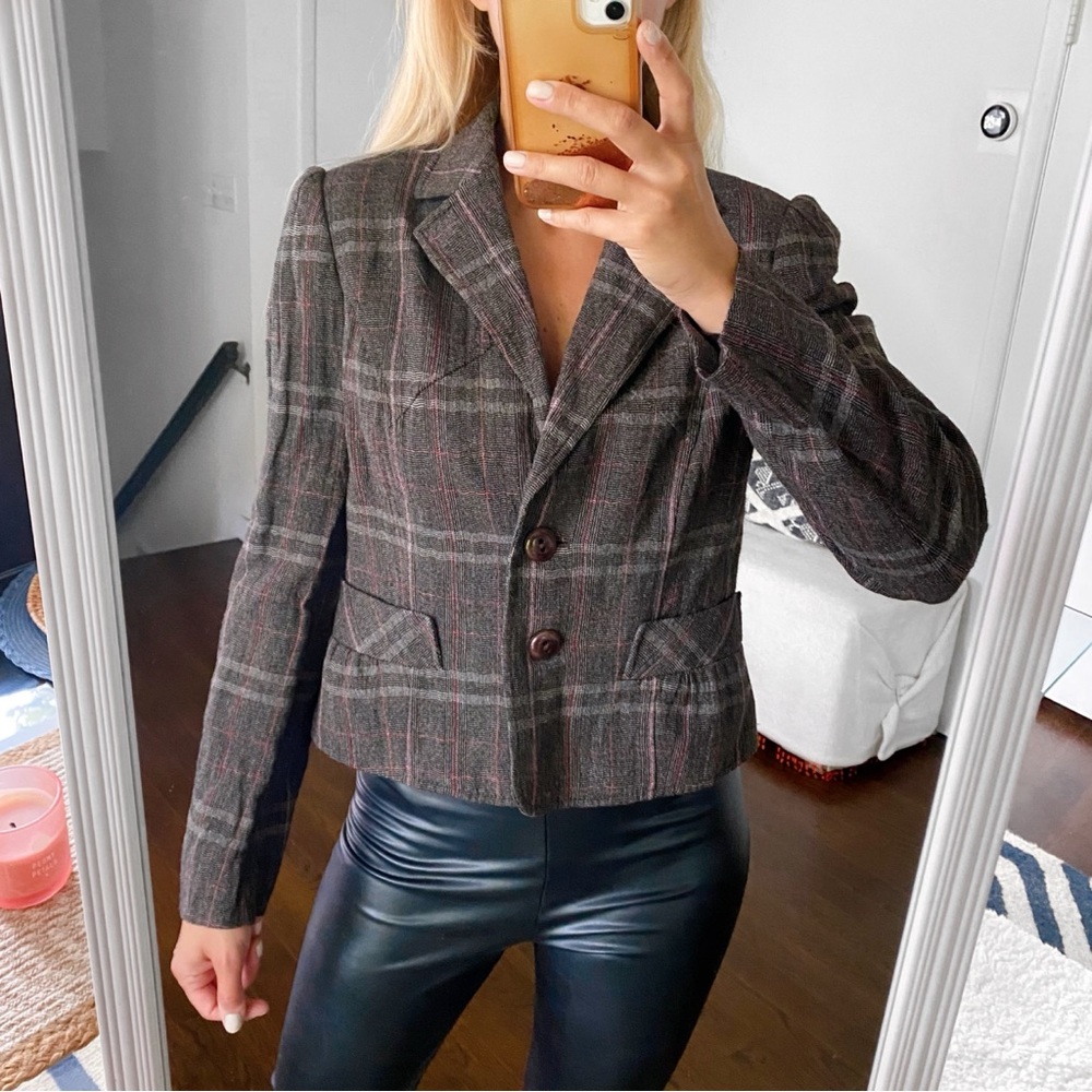 🍂 BETTY BARCLAY GREY RED PLAID WOOL BLEND BLAZER JACKET!